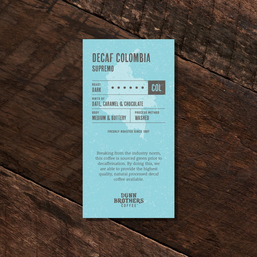 Dunn Brothers Decaf Colombia Supremo Dark Roast Coffee Card