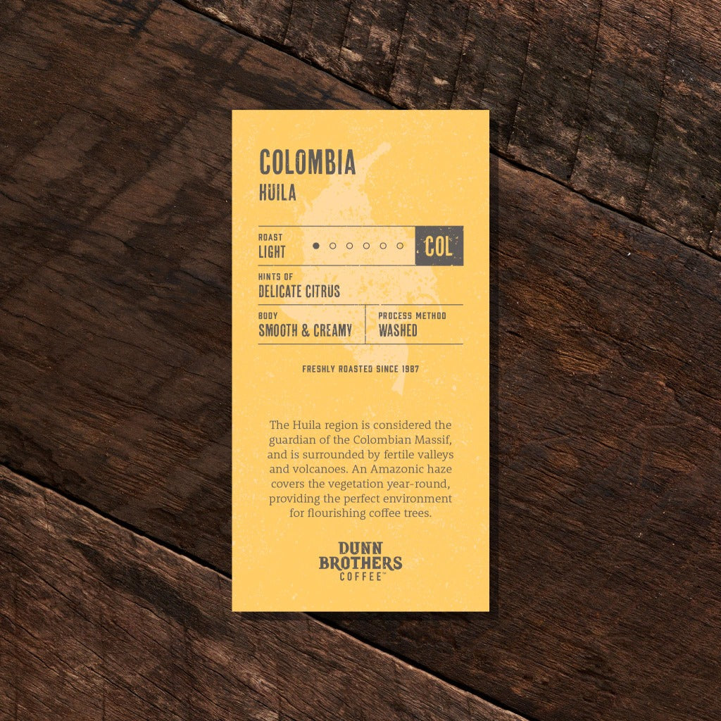 dunn brothers coffee colombia huila light roast coffee bean card